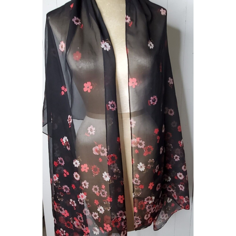 Calvin Klein Shawl Wrap Black Red Pink Chiffon Floral 20x70" Sheer Romantic Boho